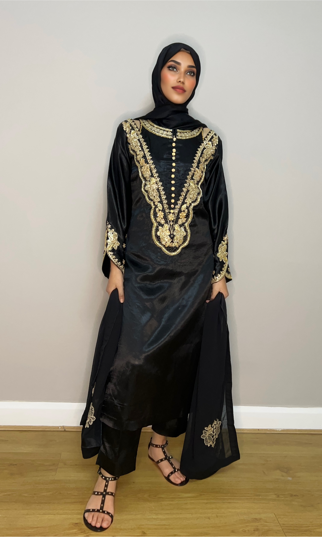 Amara black and gold Pakistani formal dress with embroidery