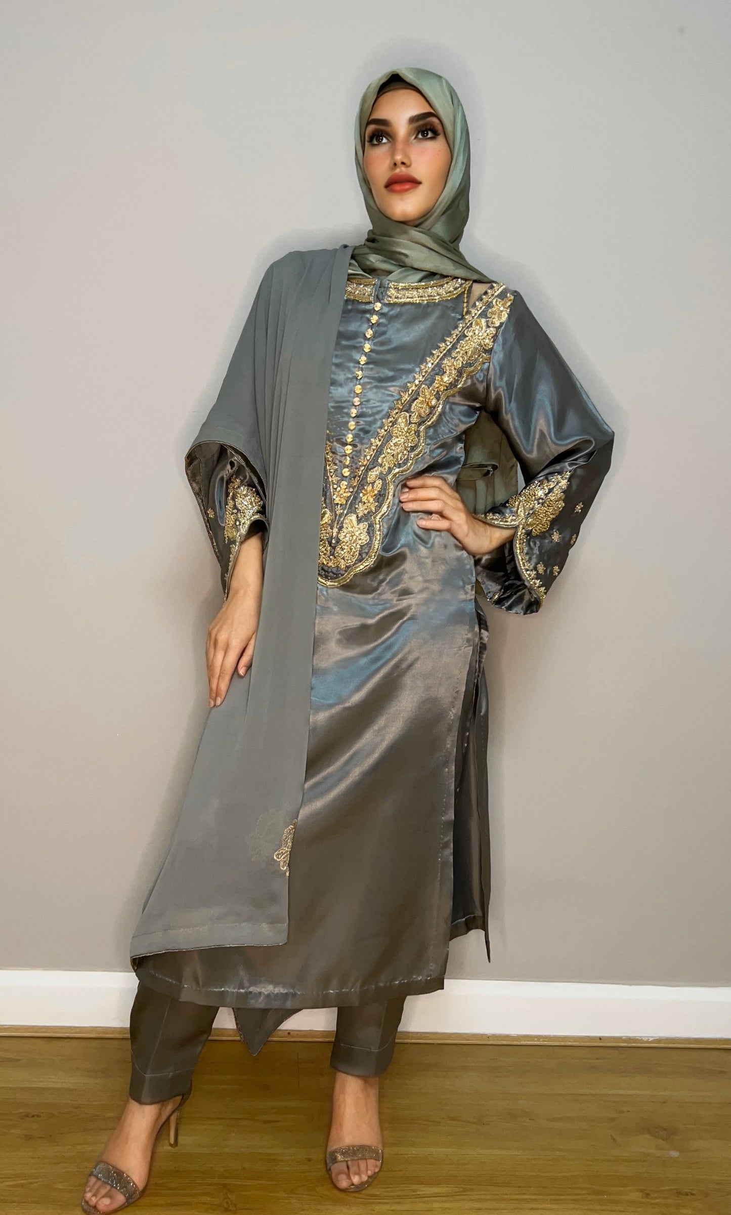 Amara sage and gold formal Pakistani dress
