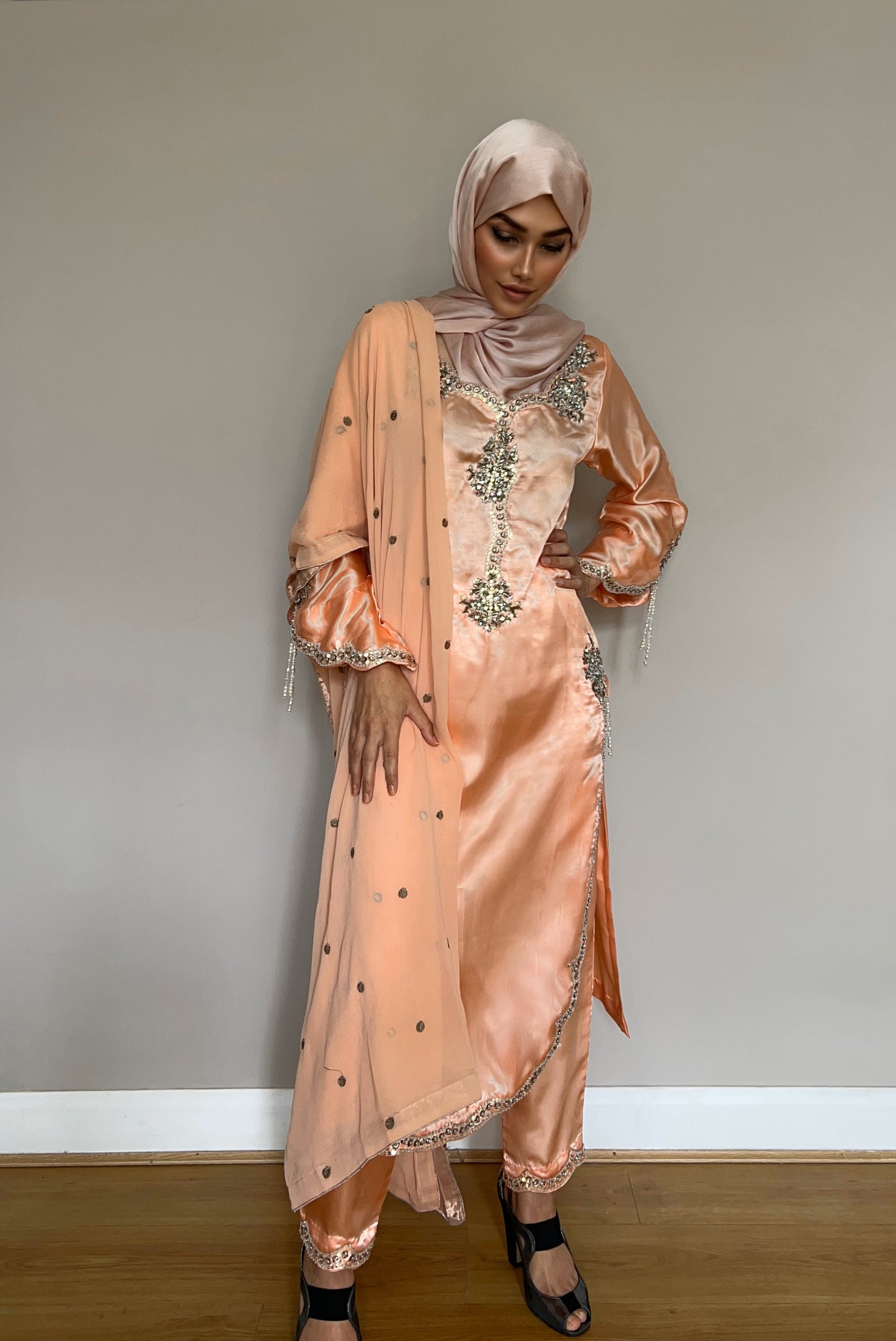Elara Blush-Peach embroidered 3-piece Pakistani suit for women