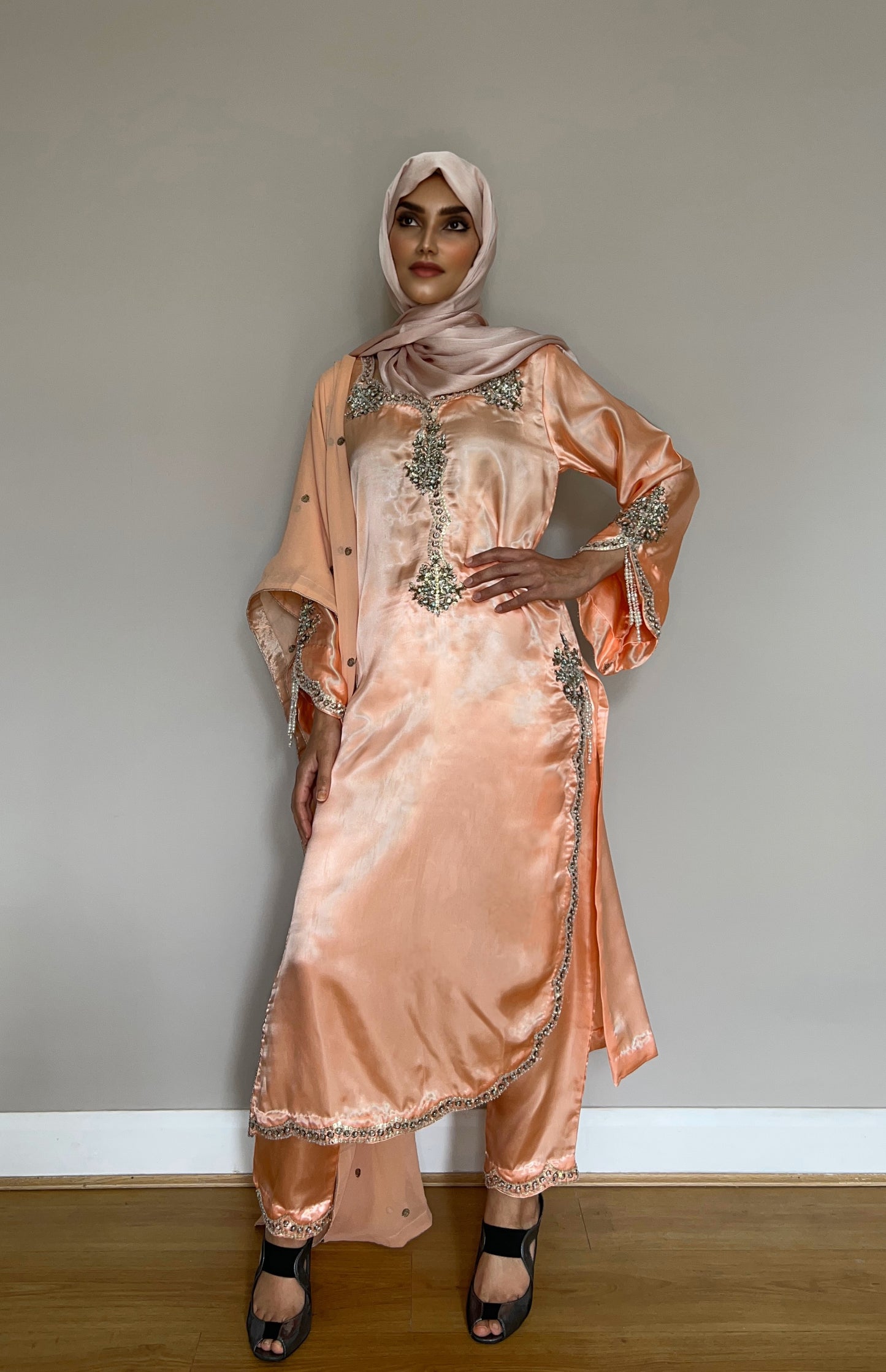 Formal Pakistani outfit with chiffon dupatta and pearl detailing