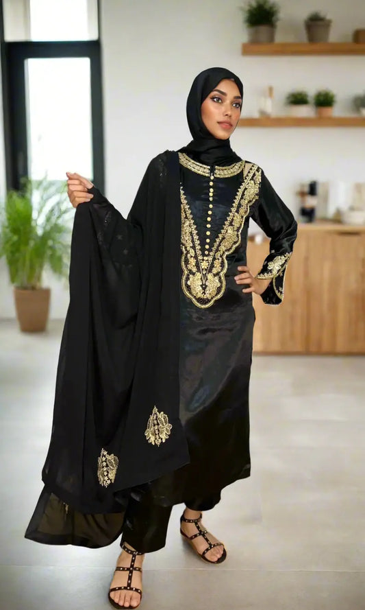 Hand-embroidered black silk kameez with front cut-out