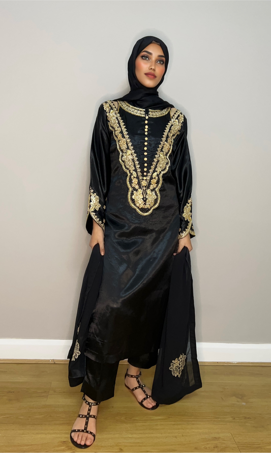 Amara black and gold Pakistani formal dress with embroidery

