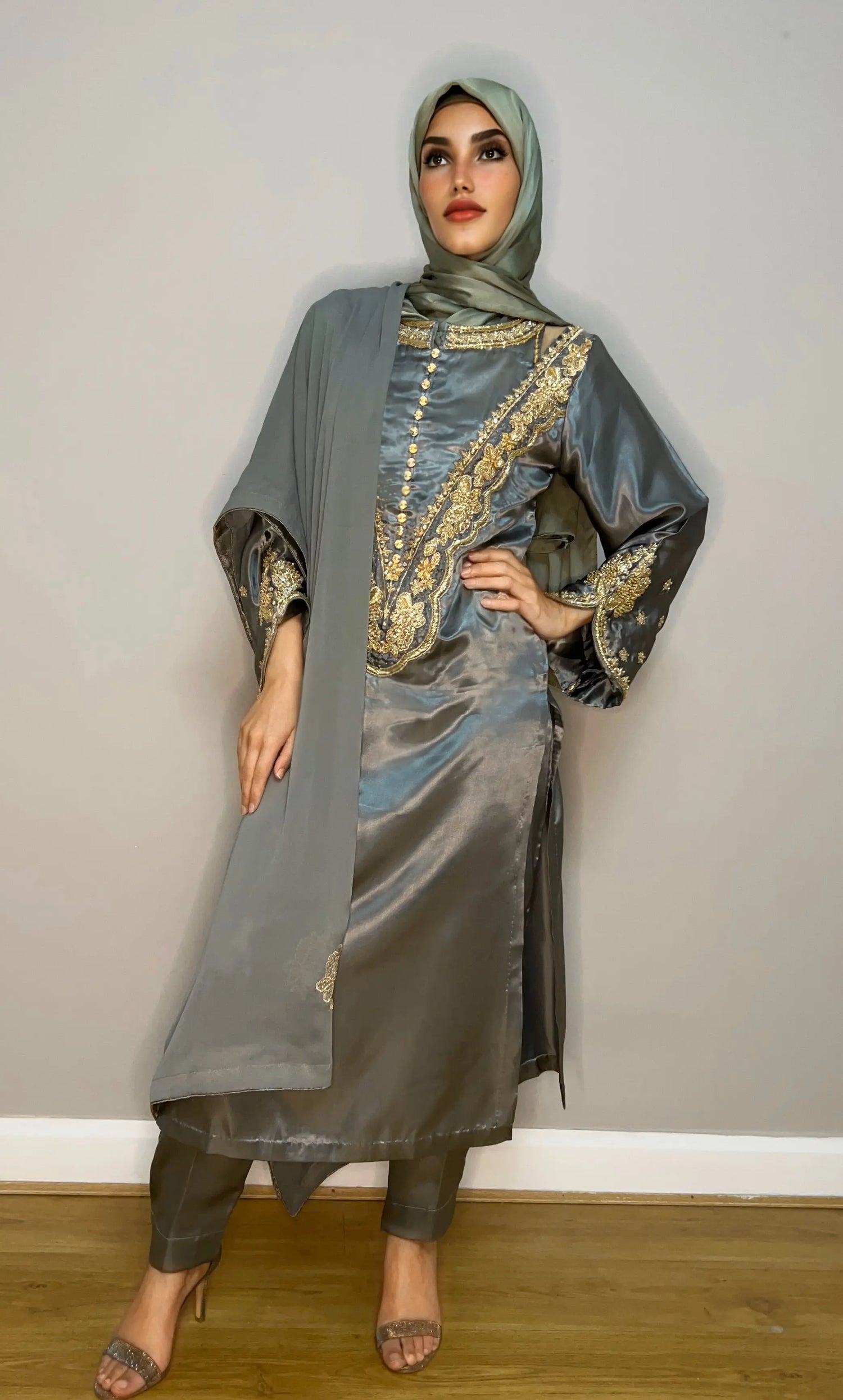Amara sage and gold formal Pakistani dress

