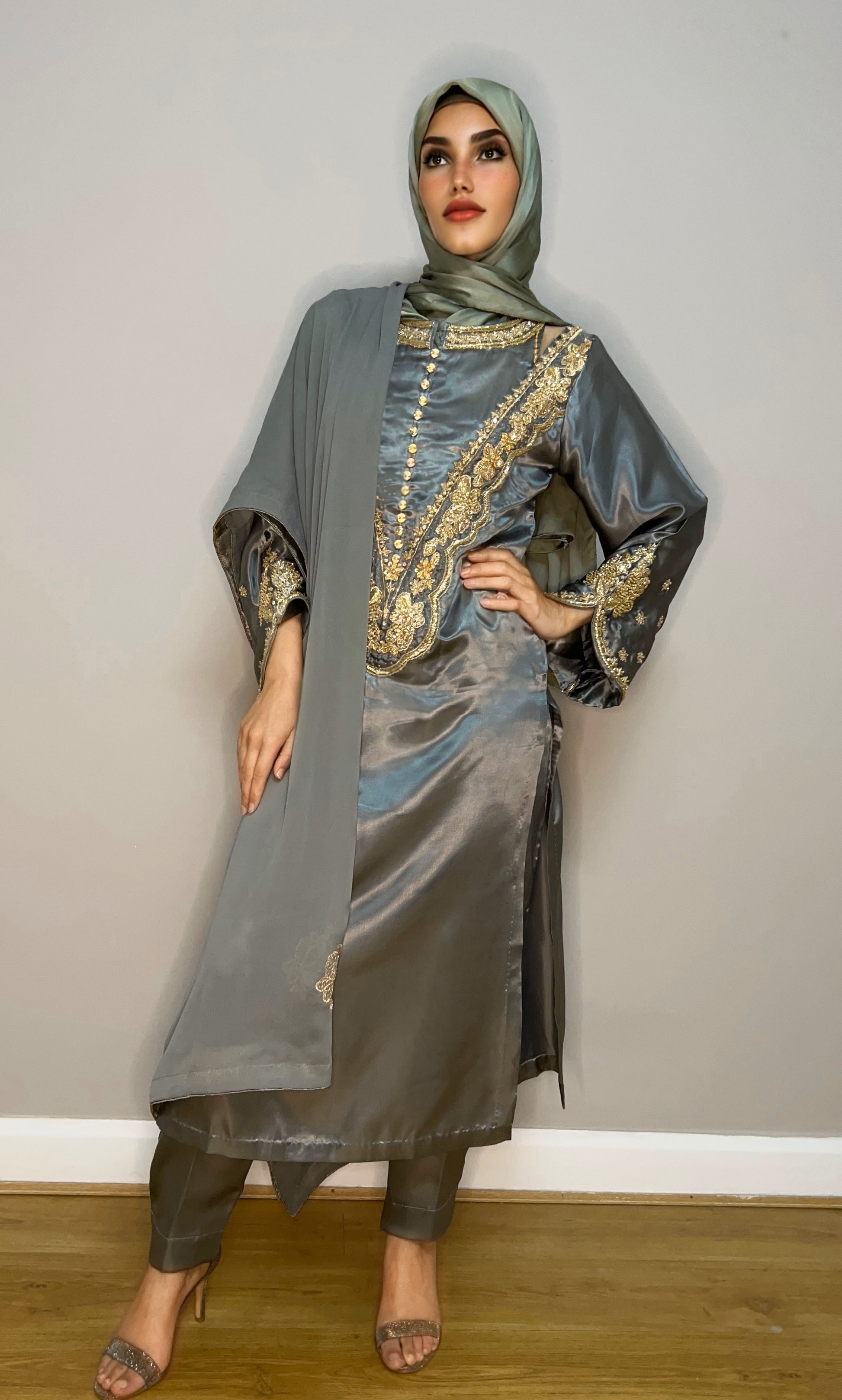 Amara sage and gold formal Pakistani dress

