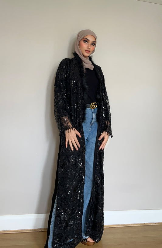 Inaya – Luxe Hand-Embellished Full-Length Feather Jacket