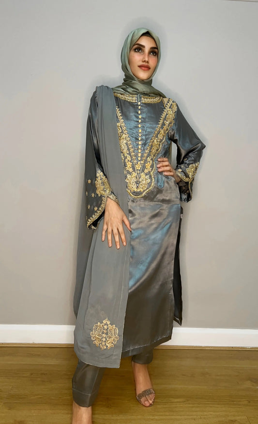 Grey-green silk satin kameez with hand embroidery