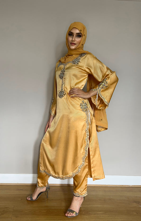 Hand-beaded silk satin formal dress with scalloped hem
