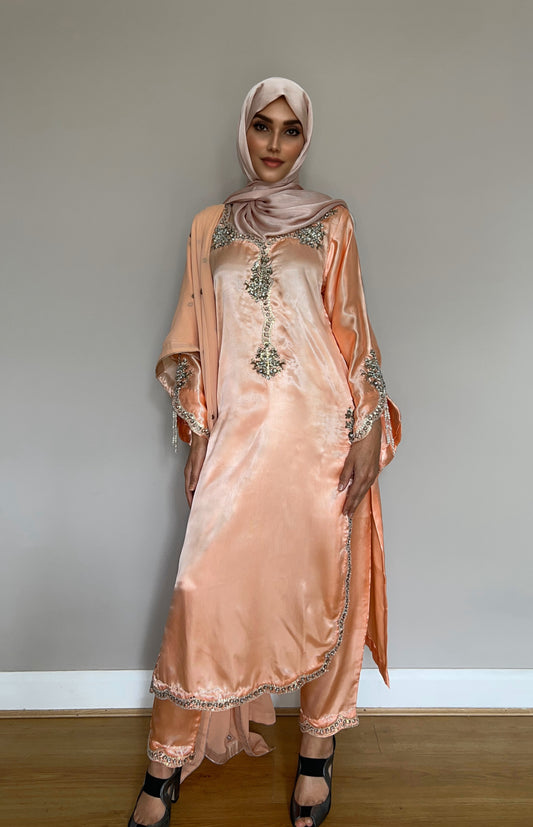 Hand-beaded silk satin kameez with scalloped hem

