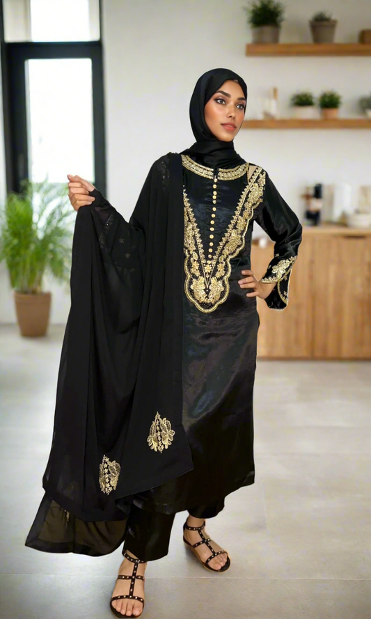 Hand-embroidered black silk kameez with front cut-out

