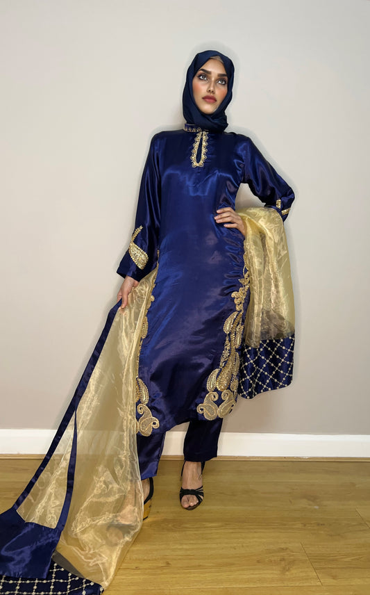 Tan silk kameez with keyhole neckline and beadwork

