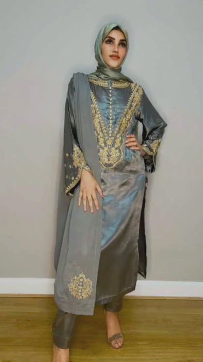Amara Sage Gold Silk Satin Ensemble 3-Piece Silk Satin Ensemble | Formal Dress with Hand Embroidery